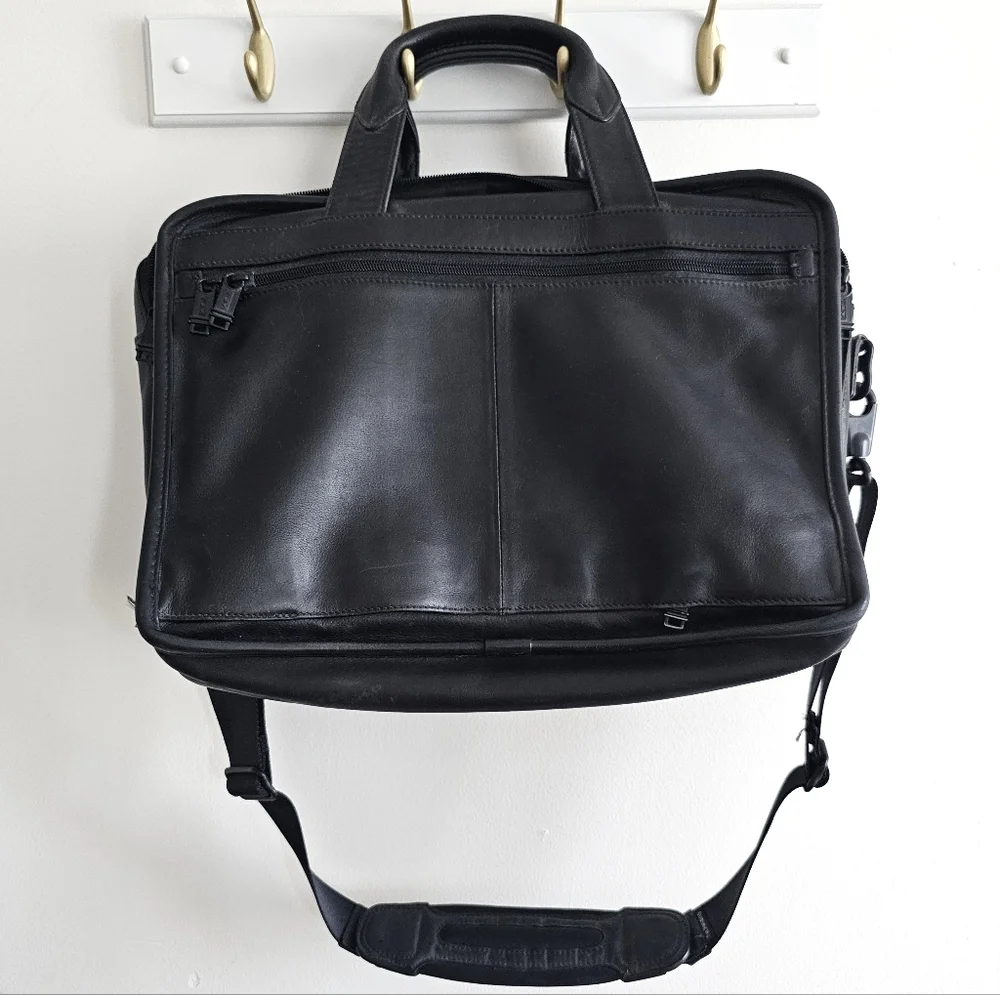 Tumi Alpha Expandable Black Genuine Leather Organizer Laptop Briefcase T Pass